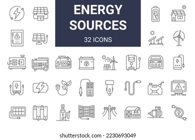 Conjunto de dispositivos que necesita en caso de apagón o apagón. Producción de equipos eléctricos y mantenimiento de energía. Colección de iconos de línea