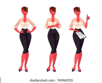 Set of devil businesswomen. Vector cartoon illustration.