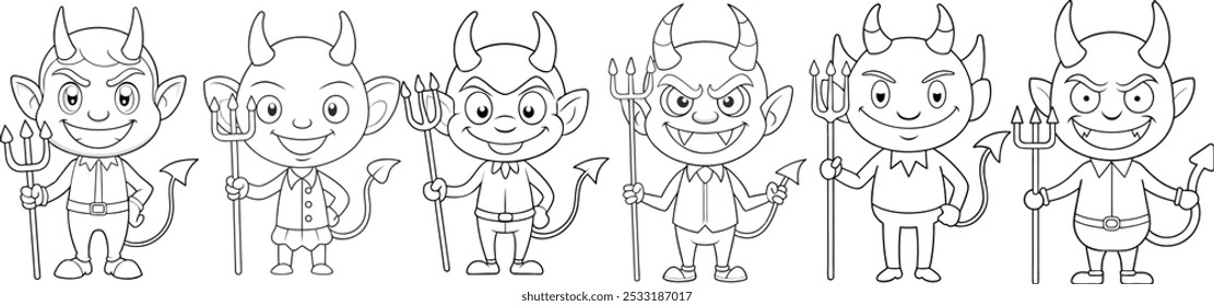 Conjunto de personagens de desenhos animados do diabo segurando forquilhas, preto e branco vetor conjunto, para convites de festa de Halloween, ícones da web, e adesivos