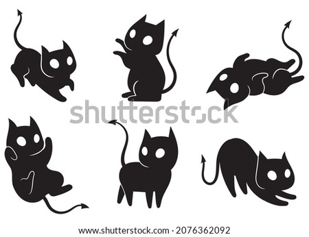Set of devil cats. Collection of silhouette of funny black cats in different poses. Halloween damn kittens. Vector illustration isolated on white background. Drawing with children.