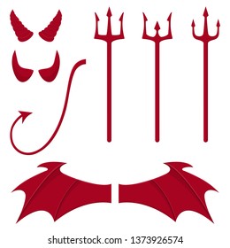 Set of devil elements isolated on white background. Red horns, tridents, wings, tail. Clean and modern vector illustration for design, web.