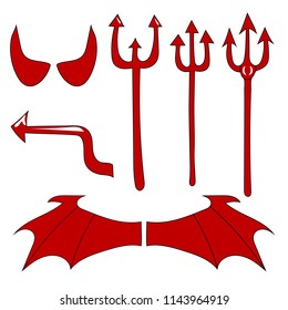 Set of devil equipment isolated on white background. Red devil horn, tail, trident, wings. Halloween concept. Vector illustration for design.