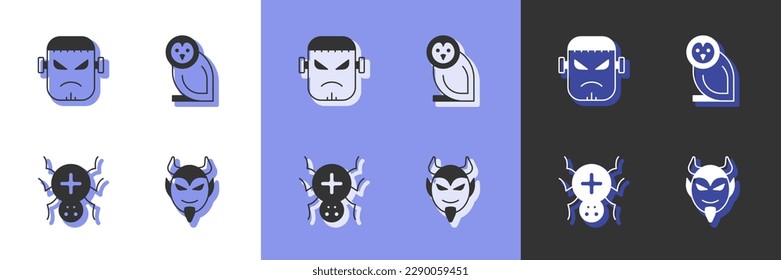 Set Devil head, Frankenstein face, Spider and Owl bird icon. Vector