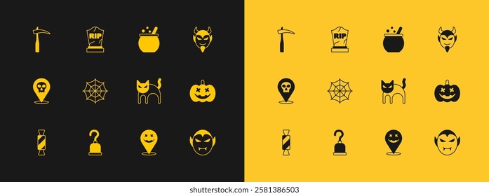 Set Devil head, Pirate hook, Black cat, Happy Halloween holiday, Spider web, witch cauldron, Scythe and Tombstone with RIP written icon. Vector