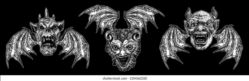 Set devil heads and big demon horns antlers   sharp fangs  Satan Lucifer fallen angels depiction and vampire wings  Gargoyle like chimera fantastic beast creature and scary face Vector  