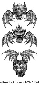 Set devil heads and big demon horns antlers   sharp fangs  Satan Lucifer fallen angels depiction and vampire wings  Gargoyle like chimera fantastic beast creature and scary face Vector  