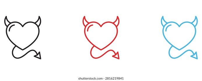 Set of devil heart icons in outline style with negative, mischief