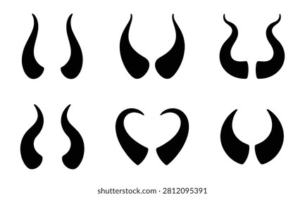 Set of devil horn silhouette icons. Different styles ranging from small curved to large pointed and curly devil horns.