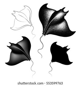 Set of devil ray in 4 styles. Black on white illustrations of contour, silhouette, textured gradient and gradient mesh.