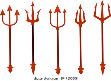 Set of devil trident collection of red different shapes satan's trident carnival party accessory vector illustration on white background