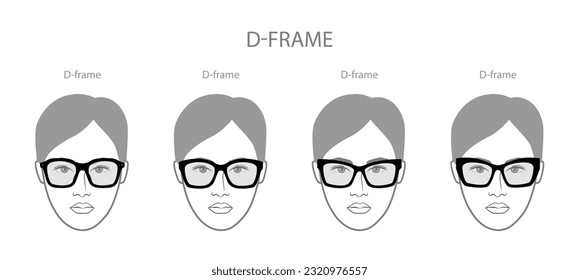 Set of D-frame frame glasses on women face character fashion accessory illustration. Sunglass front view silhouette style, flat rim spectacles eyeglasses, lens sketch style outline isolated on white