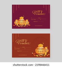 Set Of Dhanteras Gift Voucher Template Design With Gold Coin Pots, Lit Oil Lamp (Diya) And Marigold Flowers.