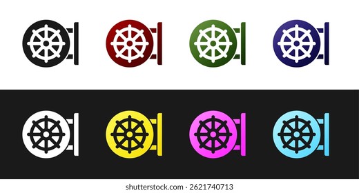 Definir ícone da roda do Dharma isolado no fundo preto e branco. Sinal de religião budista. Símbolo Dharmachakra.  Vetor