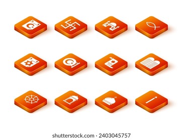 Ponga la rueda de Dharma, la Mezquita Musulmana, el calendario judío, la Estrella y la Media Luna, la torre de la iglesia, el pergamino de la Torá, la vela ardiente y el icono de los mandamientos. Vector