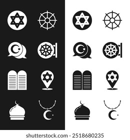 Set Dharma wheel, Star and crescent, of David, The commandments, on chain and Muslim Mosque icon. Vector
