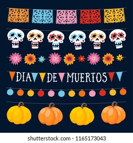 Set of Dia de los Muertos, Mexican Day of the Dead garlands with lights, bunting flags, ornamental skulls and pumpkins. Collection of Halloween garden party decorations. Isolated vector objects. 