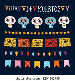 Set of Dia de los Muertos, Mexican Day of the Dead garlands with lights, bunting flags, papel picado and ornamental skulls. Collection of Halloween garden party decorations. Isolated vector objects. 