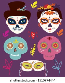 set Dia de los Muertos, Day of the Dead design poster and stickers, isolated clipart