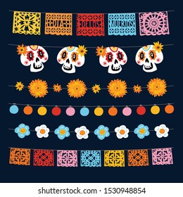 Conjunto de Dia de los Muertos, guirnaldas mexicanas del Día de los Muertos con luces, banderas de racimo, papel picado, caléndulas ornamentales y calaveras. Colección de decoraciones de la fiesta de Halloween. Vectores aislados