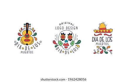 Set of Dia de Los Muertos Original Logo Design, Traditional National Festival Badges, Mexican Day of Dead Colorful Hand Drawn Labels Vector Illustration