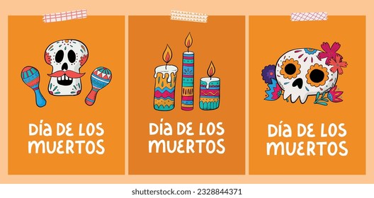 set of dia de los muertos greeting cards, posters, prints, signs, invitations, banners decorated with doodles and lettering quotes. Day of the dead theme. EPS 10