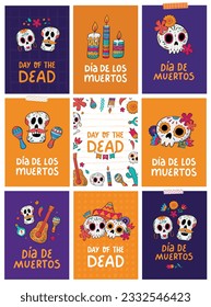 set of dia de los muertos greeting cards, posters, invitations, banners, signs, etc decorated with doodles, lettering quotes. EPS 10