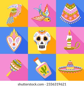 Set for dia de los muertos. Pack of colorful cards for traditional mexican holiday Day of Dead. Candle and maracas in abstract patterns. Tequila and sombrero. Cartoon flat vector collection