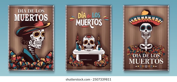 Set of Dia de los Muertos paper cut retro posters or postcards with traditional  Day of the Dead symbols - La Calavera Catrina, an altar with sugar skull, skeleton in sombrero and marigold flowers