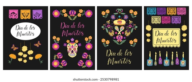 Conjunto de Dia de los Muertos Cartazes verticais com mão desenhada floral e elementos folclóricos. Texto caligráfico. Banner tradicional mexicano de feriado. Design de férias para Dia dos mortos sobre fundo preto