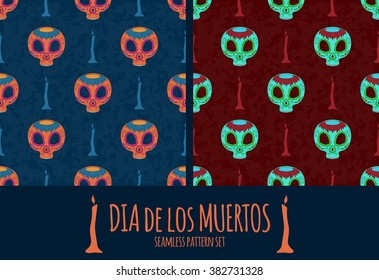 set of Dia de Muertos cartoon Skull Ornate Day of The Dead seamless pattern