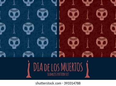 set of Dia de Muertos cartoon Skull Ornate Day of The Dead seamless pattern
