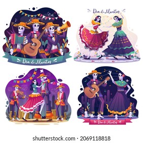 Set of Dia De Muertos with Couple of skulls dancing together to music and skeletons musicians celebrates of Day Of Dead Traditional Mexican Halloween Holiday Party. Flat vector illustration