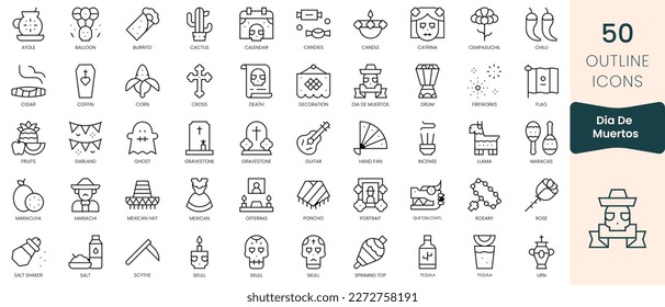 Set von dia de muertos Icons. Dünne lineare Stilsymbole Pack. Vektorgrafik