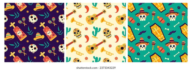 Set of Dia de Muertos Seamless Pattern Illustration with Day of the Dead and Skeleton Element in Mexican Design