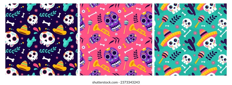 Set of Dia de Muertos Seamless Pattern Illustration with Day of the Dead and Skeleton Element in Mexican Design