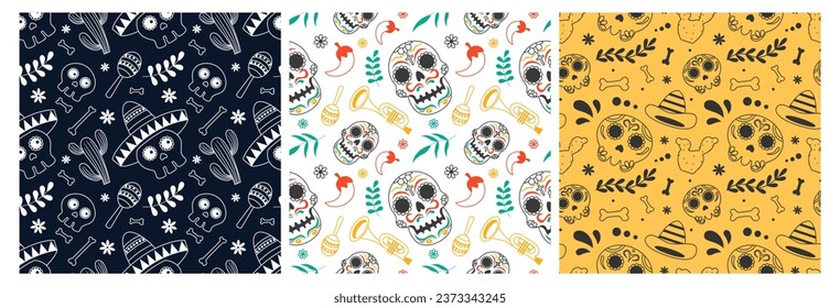 Set of Dia de Muertos Seamless Pattern Illustration with Day of the Dead and Skeleton Element in Mexican Design