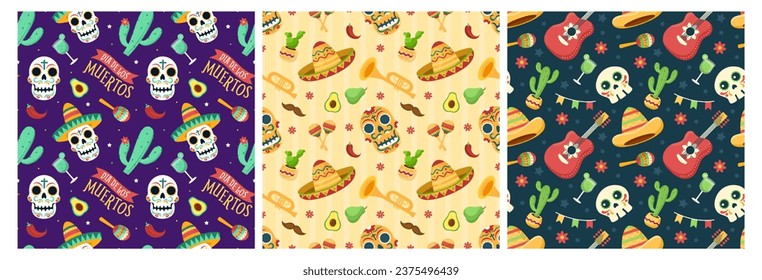 Set of Dia de Muertos Seamless Pattern Illustration. Translation Day of the Dead. Skeleton Element in Mexican Design