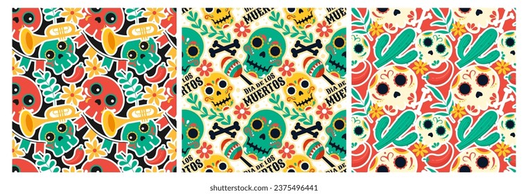 Set of Dia de Muertos Seamless Pattern Illustration. Translation Day of the Dead. Skeleton Element in Mexican Design