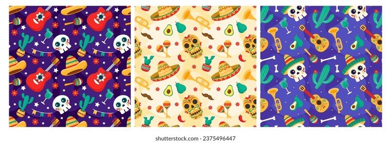 Set of Dia de Muertos Seamless Pattern Illustration. Translation Day of the Dead. Skeleton Element in Mexican Design