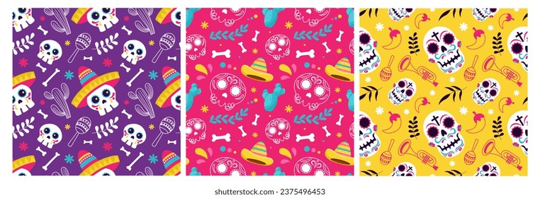 Set of Dia de Muertos Seamless Pattern Illustration. Translation Day of the Dead. Skeleton Element in Mexican Design