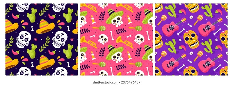 Set of Dia de Muertos Seamless Pattern Illustration. Translation Day of the Dead. Skeleton Element in Mexican Design