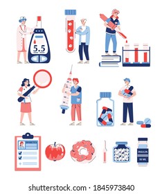 Conjunto de elementos infográficos de diabetes con personajes de dibujos animados, ilustración vectorial plana aislada en fondo blanco. Medicación, diagnóstico y tratamiento de la diabetes.