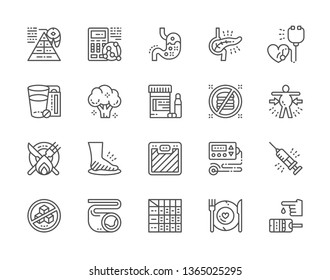 Set of Diabetes Line Icons. Heartburn, Pancreatic Diseases, Abdominal Distention, Obesity, Leg Swelling, Electrocardiogram, Atherosclerosis, Glucometer and more. Pack of 48x48 Pixel Icons