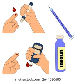 Conjunto de herramientas de manejo de la diabetes, incluyendo jeringa de insulina, vial de insulina, medidor de glucosa, dispositivo de lanceta y punción digital. Ilustración médica aislada sobre fondo blanco. Enfermedades crónicas, atención médica
