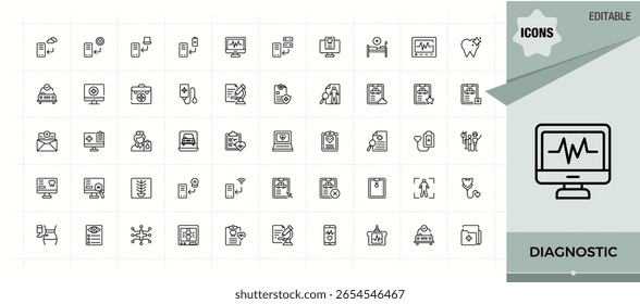 Symbol für Diagnosezeile. Enthalten lineare Symbole Pathologie, Krankenhaus, Medizin, Diagnose, Test, Gesundheit, Pflege und mehr. Minimalistische Symbolsammlung. Diagnosesymbol Pixel perfekt. Bearbeitbarer Vektor.