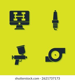 Establecer la condición de diagnóstico del coche, turbocompresor automotriz, pistola de pulverización de pintura e icono de bujía de coche. Vector