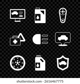 Set Diagnostics condition of car, Canister for motor oil, Timing belt kit, Alloy wheel, Car with shield, First aid and warning triangle and High beam icon. Vector