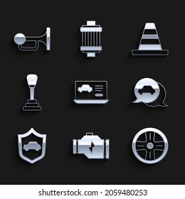 Set Diagnostics condition of car, Check engine, Alloy wheel, Car service, with shield, Gear shifter, Traffic cone and Signal horn vehicle icon. Vector