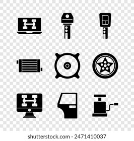 Set Diagnostics condition of car, Car key with remote, door, air pump, radiator cooling system and audio speaker icon. Vector