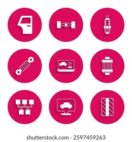 Set Diagnostics condition of car, Car service, tire wheel, air filter, Gear shifter, Shock absorber, spark plug and door icon. Vector